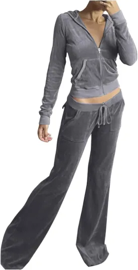 Women Velour Sweat Suits 2 Piece Outfits Tracksuits Long Sleeve Zip Up Hooded Jacket Wide Plus Size Suit