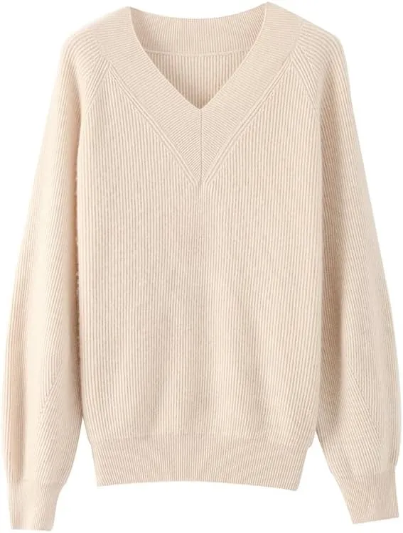 Women's Cashmere and Merino Wool Blend V Neck Sweater Lightweight Knit Sweater