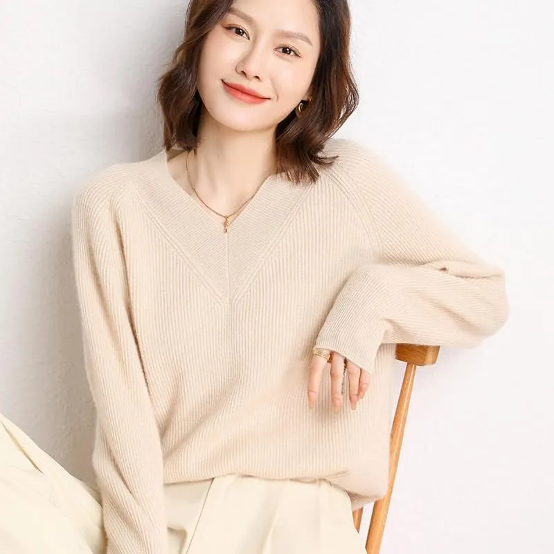 Women's Cashmere and Merino Wool Blend V Neck Sweater Lightweight Knit Sweater
