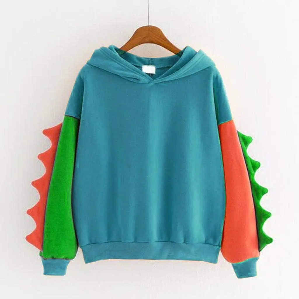 Women's Dinosaur Hoodies Cute Pullover Kawaii Long Sleeve Hooded Sweatshirts Funny Stylish Block Color Casual Fall Tops