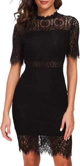 Women's Elegant High Neck Short Sleeves Lace Cocktail Party Dress