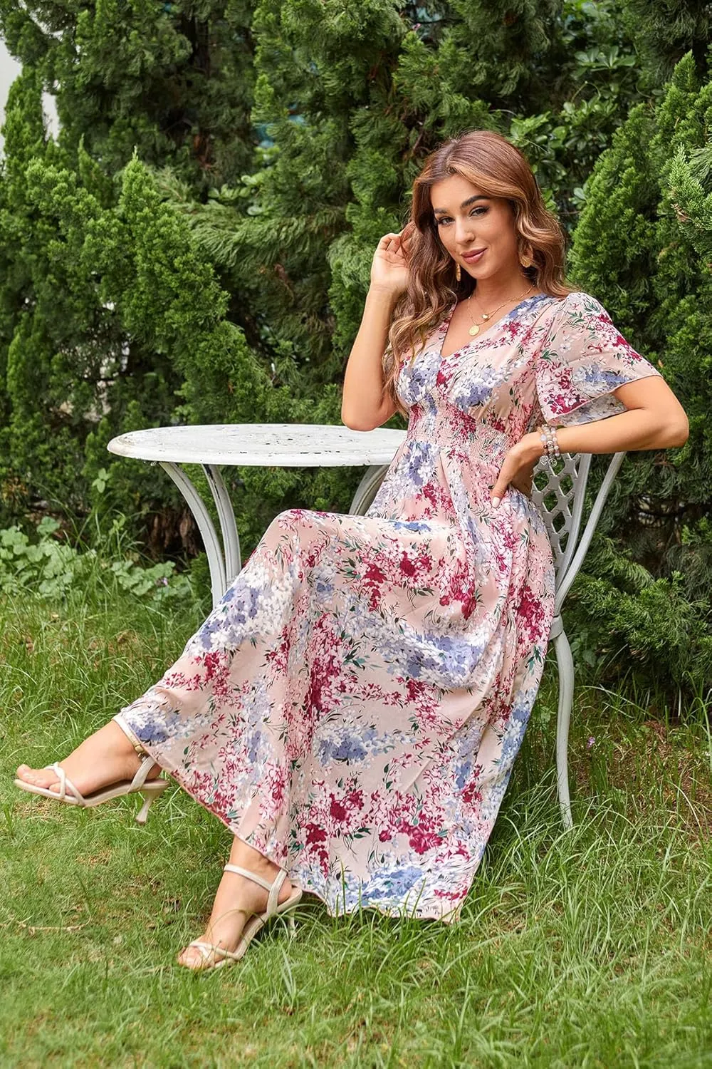 Women's Floral Maxi Dress Flowy V Neck Empire Waist Summer Wedding Guest Party Casual Chiffon Dress