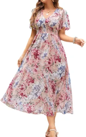 Women's Floral Maxi Dress Flowy V Neck Empire Waist Summer Wedding Guest Party Casual Chiffon Dress