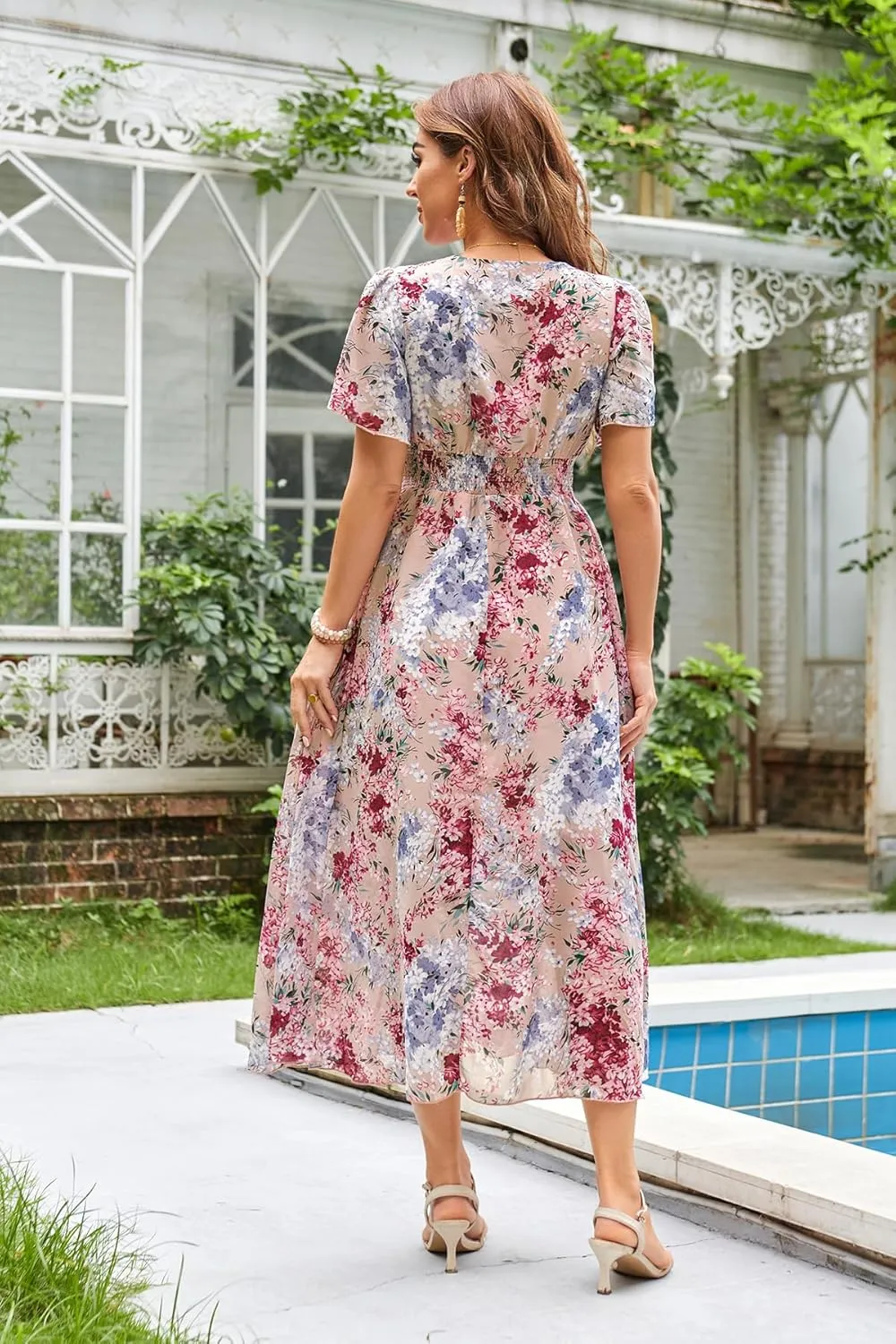 Women's Floral Maxi Dress Flowy V Neck Empire Waist Summer Wedding Guest Party Casual Chiffon Dress