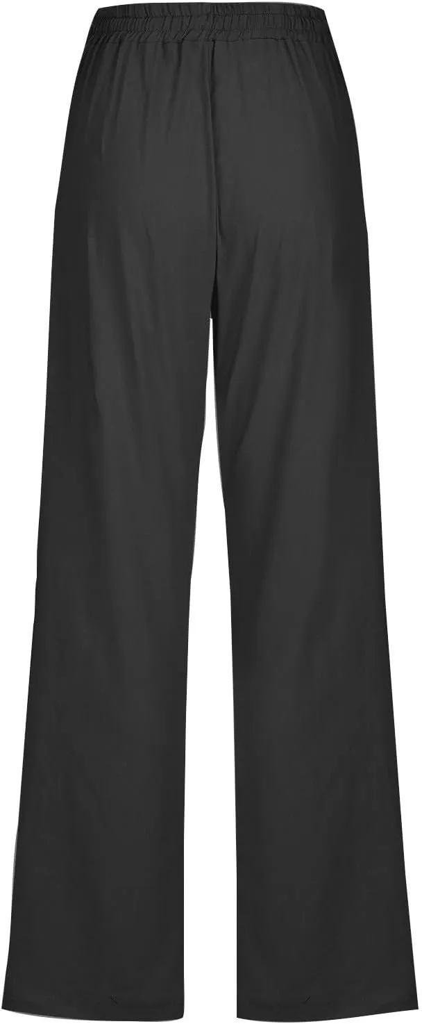 Women's Linen Pant Drawstrings Straight Leg High Waist Trousers Summer Casual Lightweight Breathable Long Pants