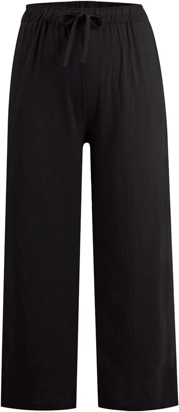 Women's Linen Pants Summer, Wide Leg, High Waisted, Drawstring, Beach Trousers, Blue, Size 0-22