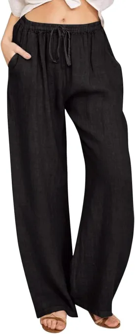 Women's Linen Pants Summer, Wide Leg, High Waisted, Drawstring, Beach Trousers, Blue, Size 0-22 Women's Linen Pants Summer, Wide Leg, High Waisted, Drawstring, Beach Trousers, Blue, Size 0-22