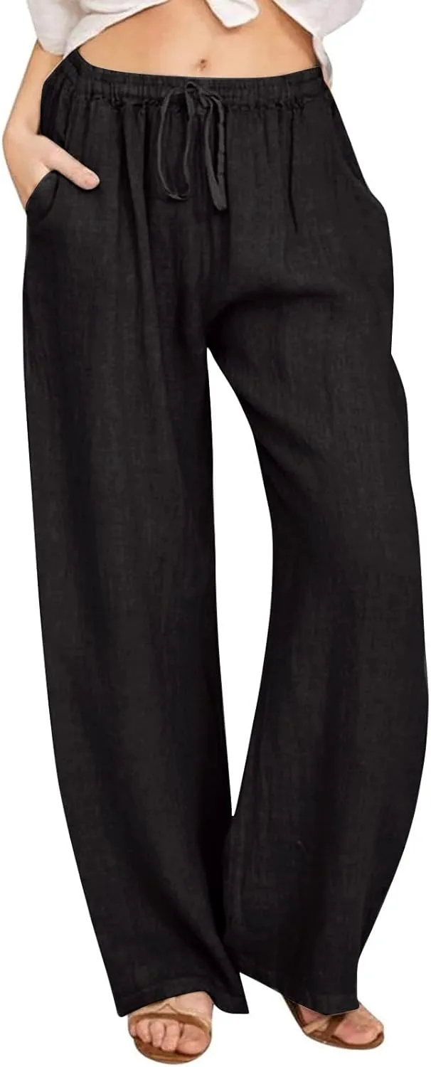 Women's Linen Pants Summer, Wide Leg, High Waisted, Drawstring, Beach Trousers, Blue, Size 0-22
