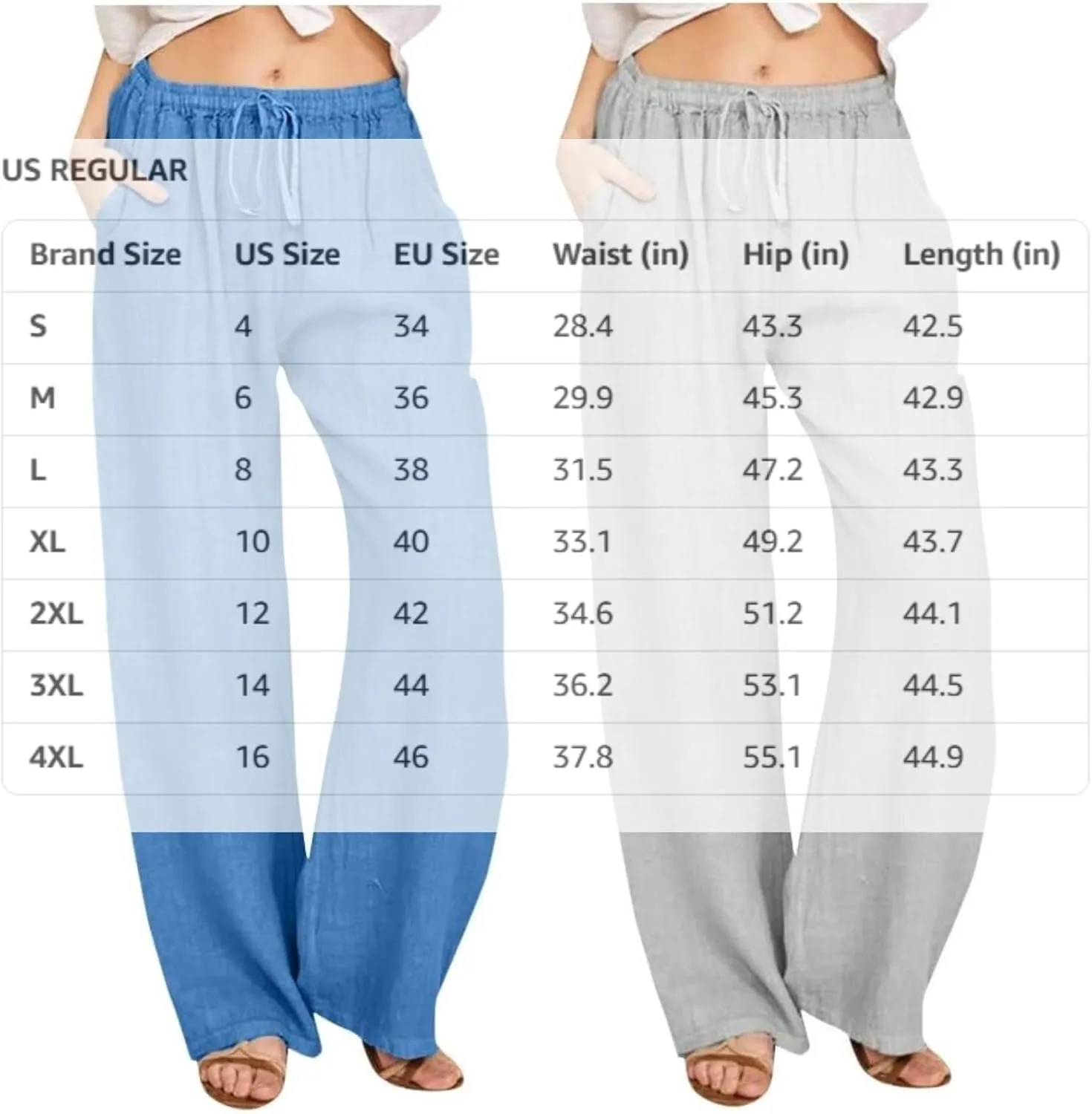 Women's Linen Pants Summer, Wide Leg, High Waisted, Drawstring, Beach Trousers, Blue, Size 0-22