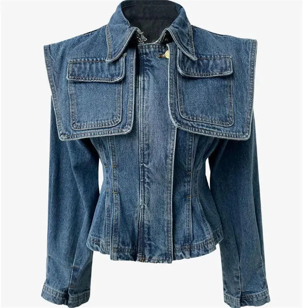 Women's Polo Neck Denim Jacket Korean Style Vintage French Inspired Autumn Waist Slimming Casual Short Coat
