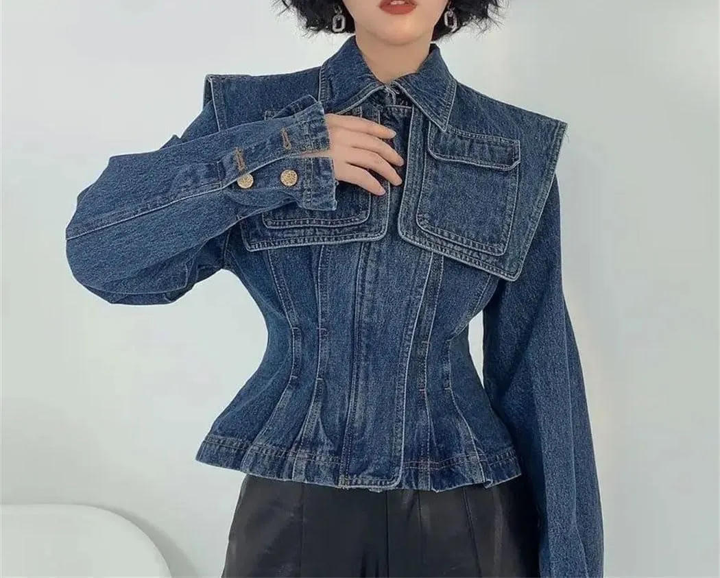 Women's Polo Neck Denim Jacket Korean Style Vintage French Inspired Autumn Waist Slimming Casual Short Coat