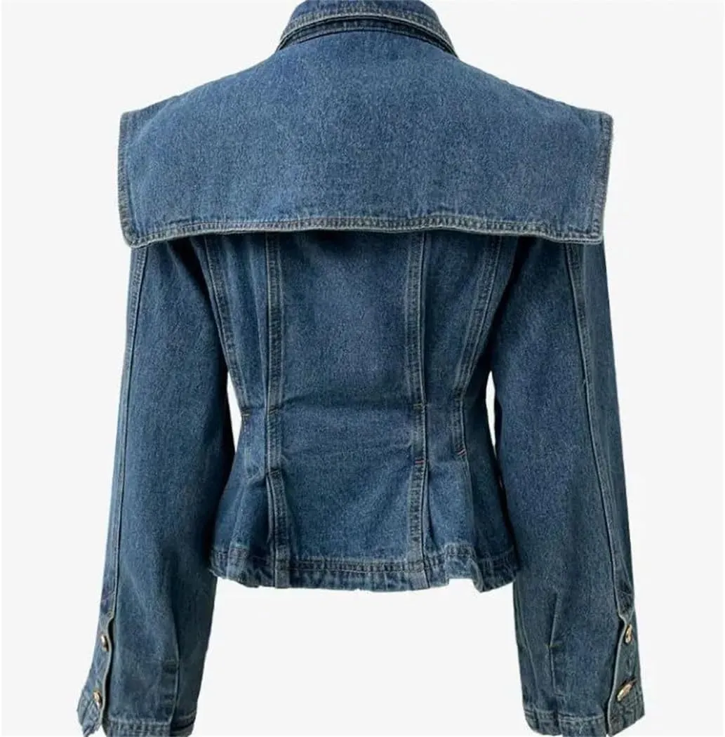 Women's Polo Neck Denim Jacket Korean Style Vintage French Inspired Autumn Waist Slimming Casual Short Coat