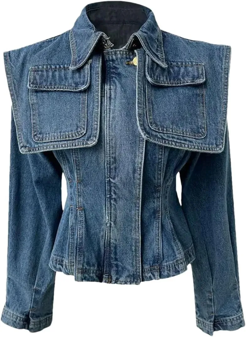 Women's Polo Neck Denim Jacket Korean Style Vintage French Inspired Autumn Waist Slimming Casual Short Coat
