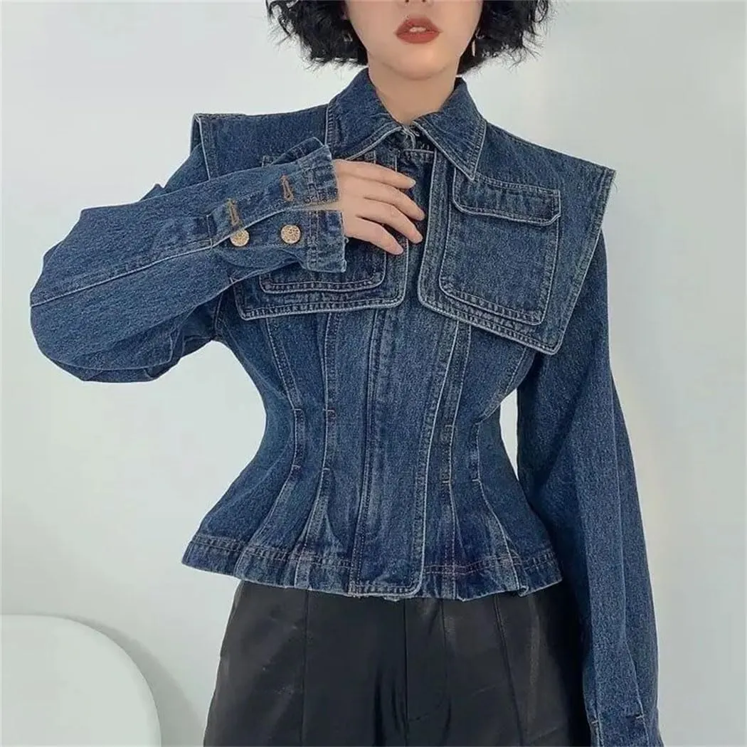 Women's Polo Neck Denim Jacket Korean Style Vintage French Inspired Autumn Waist Slimming Casual Short Coat