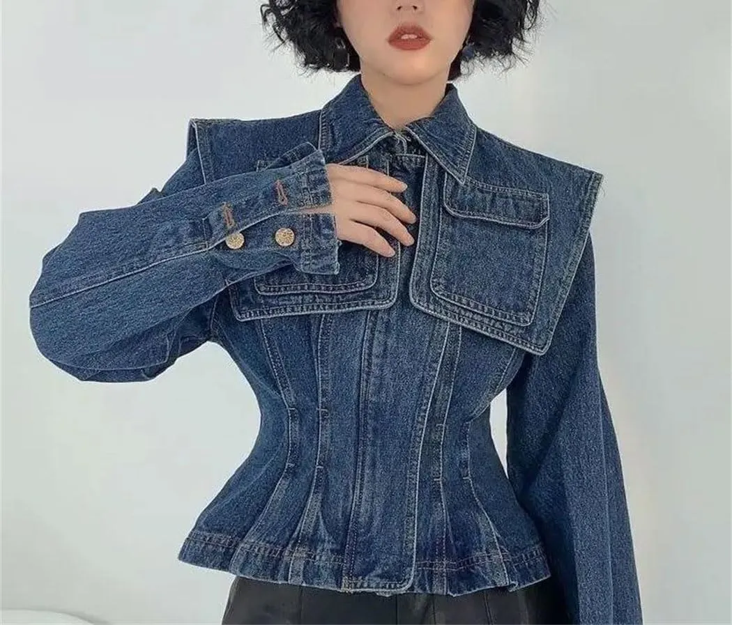 Women's Polo Neck Denim Jacket Korean Style Vintage French Inspired Autumn Waist Slimming Casual Short Coat