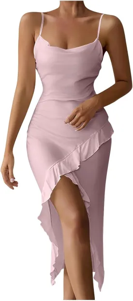 Womens Sexy V-Neck Satin Party Cocktail Midi Dress Sleeveless Slit Front Bodycon Wrap Ruffle Mermaid Formal Dresses Womens Sexy V-Neck Satin Party Cocktail Midi Dress Sleeveless Slit Front Bodycon Wrap Ruffle Mermaid Formal Dresses