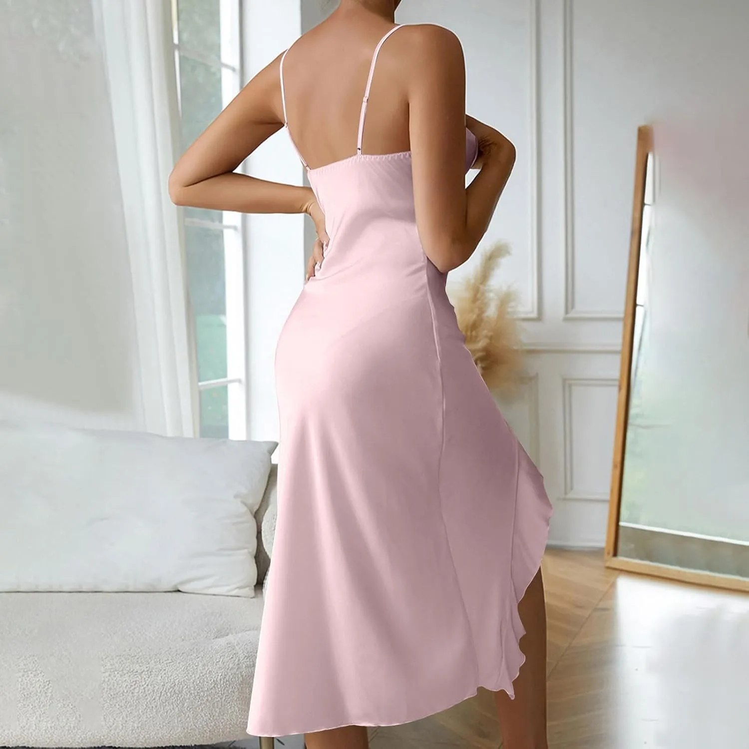 Womens Sexy V-Neck Satin Party Cocktail Midi Dress Sleeveless Slit Front Bodycon Wrap Ruffle Mermaid Formal Dresses