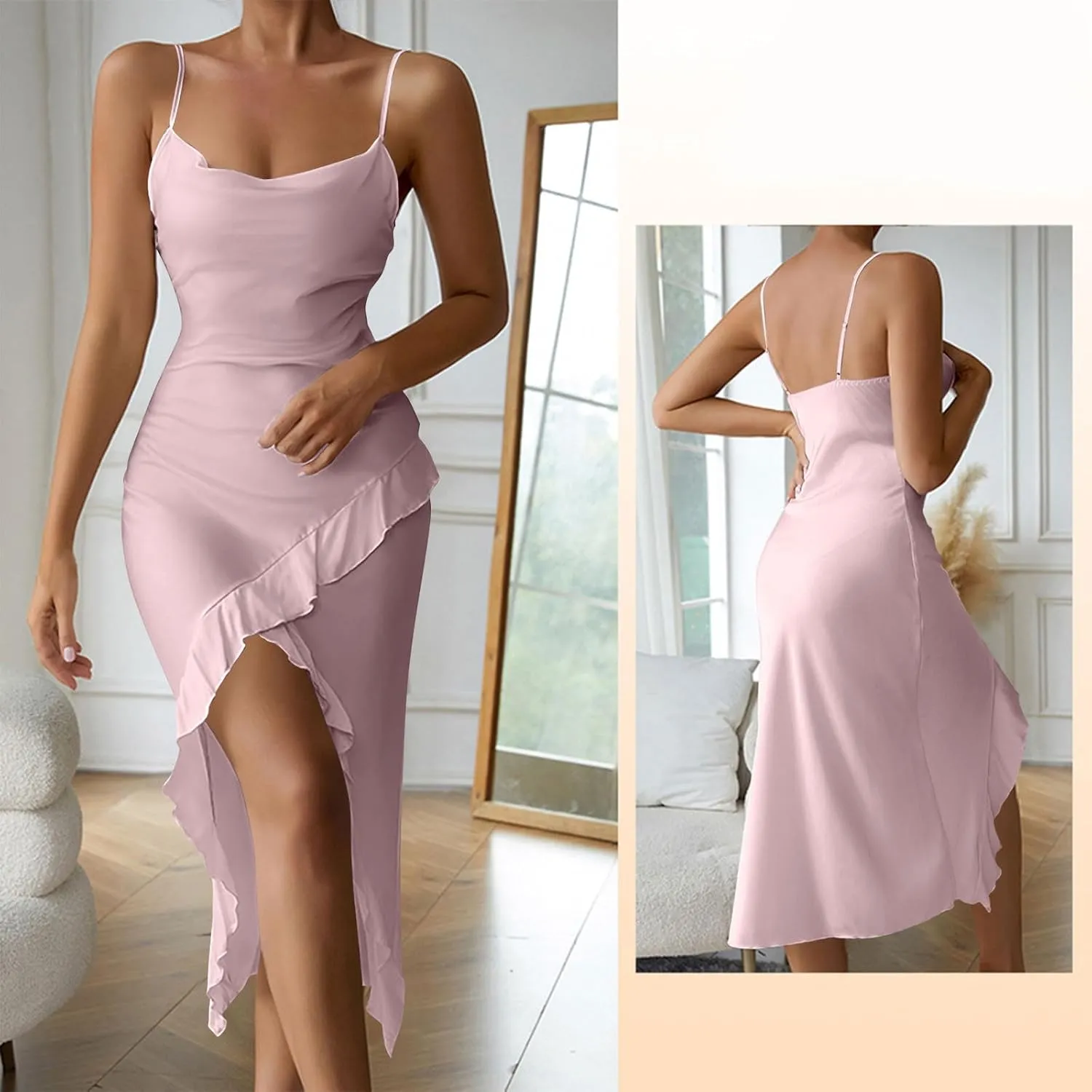 Womens Sexy V-Neck Satin Party Cocktail Midi Dress Sleeveless Slit Front Bodycon Wrap Ruffle Mermaid Formal Dresses