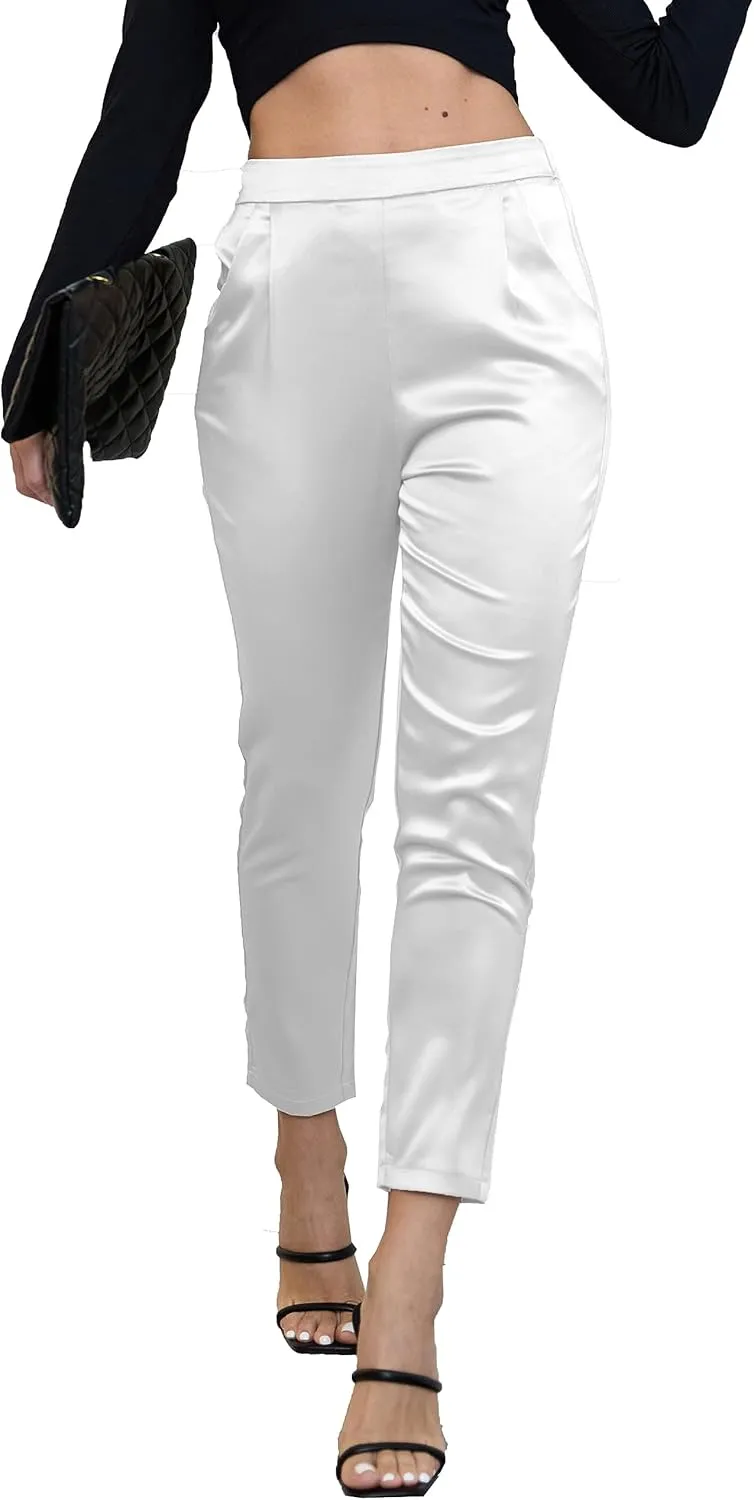 Women's Silky Satin Wedding Dressy Casual Elastic Waist Pants Party Club Wear Trousers