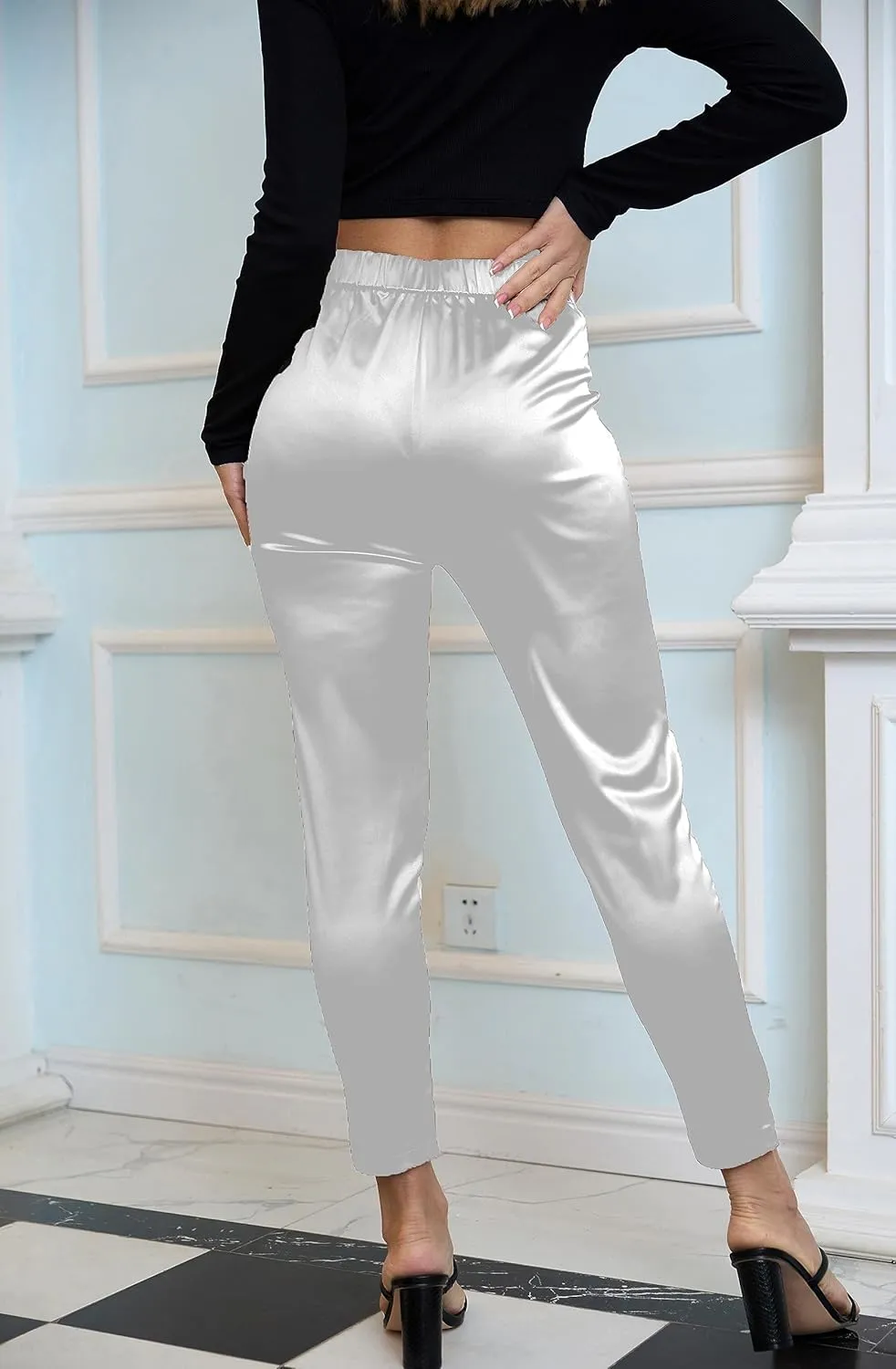 Women's Silky Satin Wedding Dressy Casual Elastic Waist Pants Party Club Wear Trousers