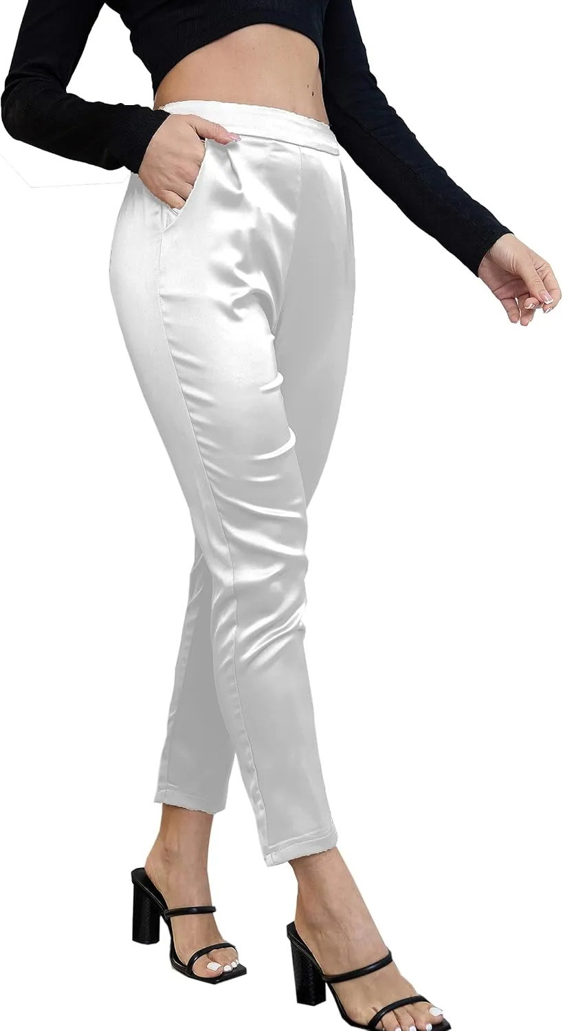Women's Silky Satin Wedding Dressy Casual Elastic Waist Pants Party Club Wear Trousers