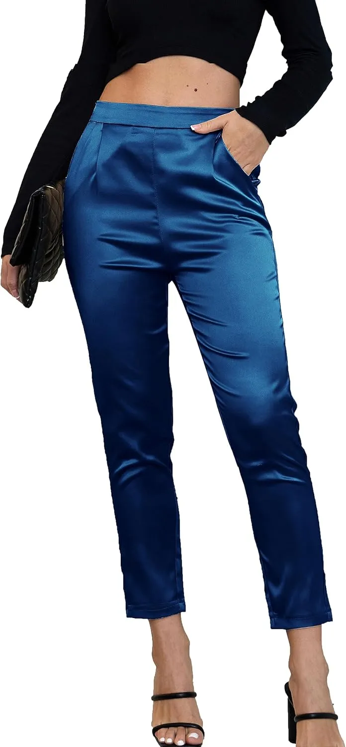 Women's Silky Satin Wedding Dressy Casual Elastic Waist Pants Party Club Wear Trousers
