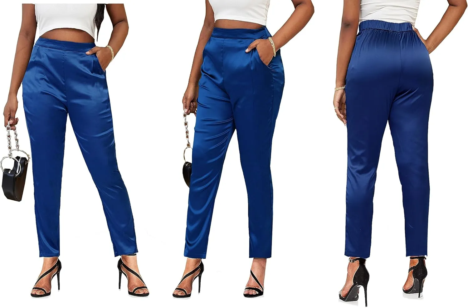 Women's Silky Satin Wedding Dressy Casual Elastic Waist Pants Party Club Wear Trousers