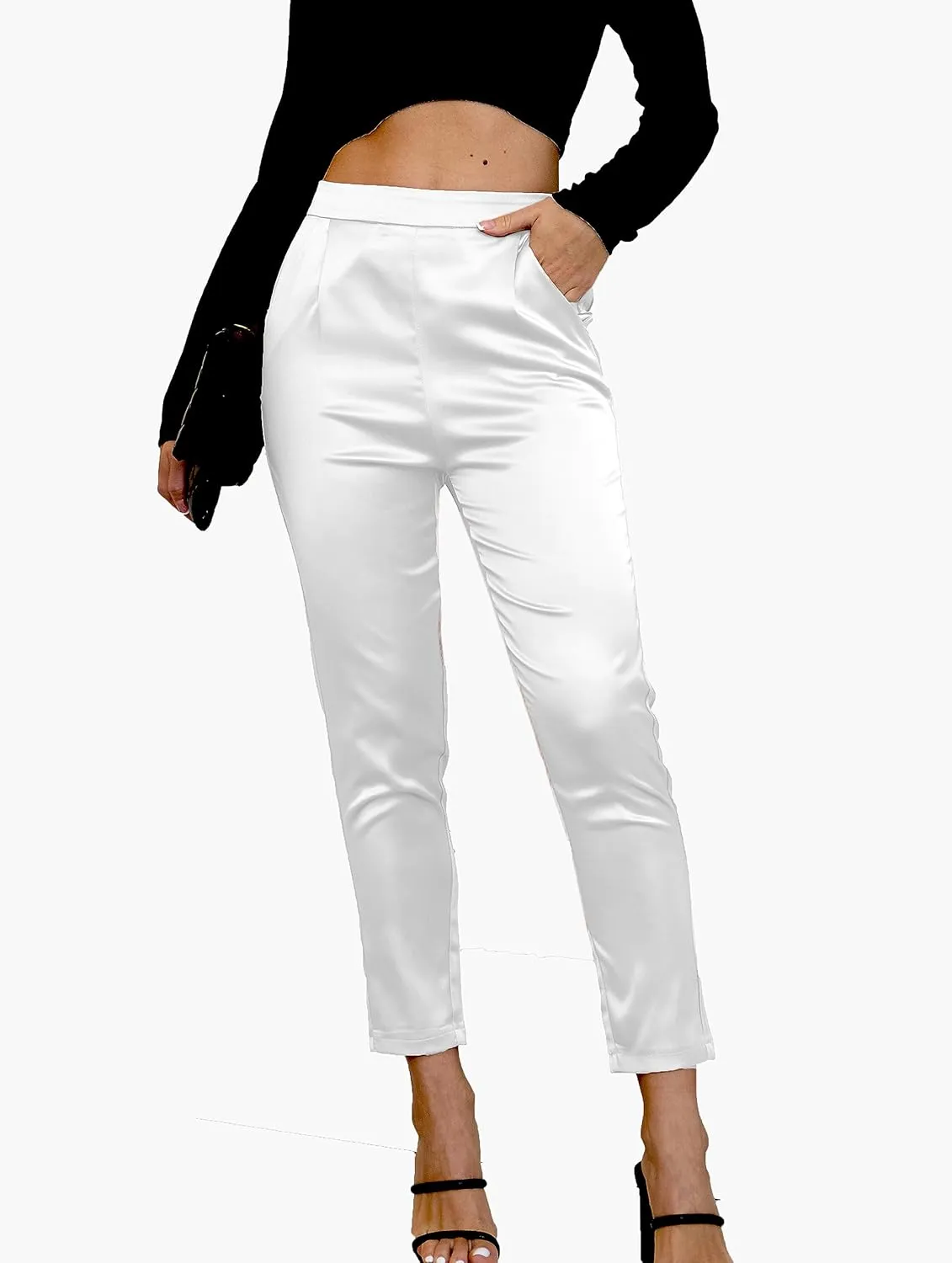 Women's Silky Satin Wedding Dressy Casual Elastic Waist Pants Party Club Wear Trousers